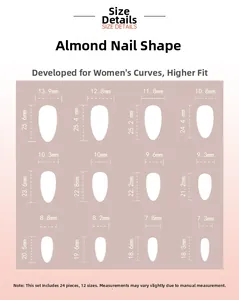 Size chart for almond shape press-on nails with twelve measurements in a 3x4 grid layout