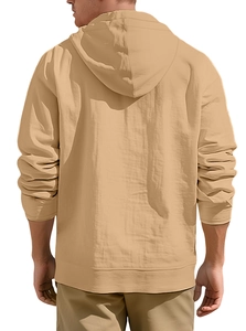 Detailed back view of a khaki cotton linen hoodie for men with long sleeves and hood