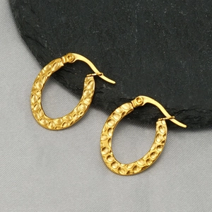 Classic oval stainless steel earrings with gold hammered texture for women