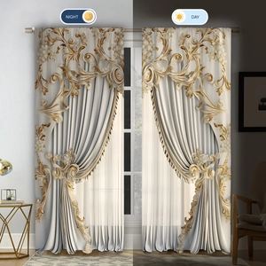 Detail of 3D baroque floral curtains showing gold embossed patterns in day and night lighting