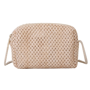 French style woven straw crossbody bag with contrast zipper and rope strap for women