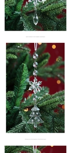 Macro detail of clear acrylic snowflake and tree ornaments for Christmas tree decoration