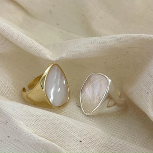 Irregular Mother Of Artificial Pearl Ring 925 Sterling Silver Wide Band Adjustable French Vintage Style Geometric Jewelry For Women