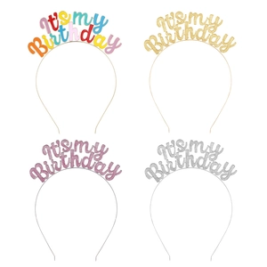 Colorful set of four It's My Birthday crown headbands in gold, pink, silver and multicolor