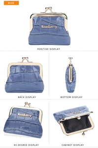 Blue crocodile pattern coin purse with metal clasp shown from five different angles