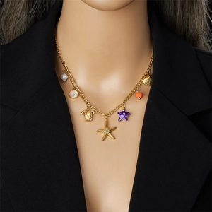 Golden stainless steel necklace with colorful starfish, turtle, and shell charms