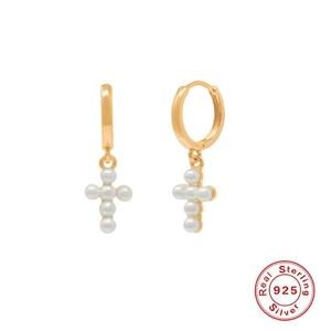 Cross Pendant Hoop Earrings With 925 Sterling Silver And White Artificial Pearl INS Style Jewelry For Women