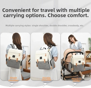 Three-way carry diaper bag shown in backpack, shoulder, and stroller modes