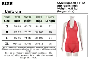 Size chart with measurements in cm for a sexy backless hollow-out bodycon jumpsuit