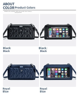 Detail of leather crossbody phone bag with touchscreen window and triangle quilted texture