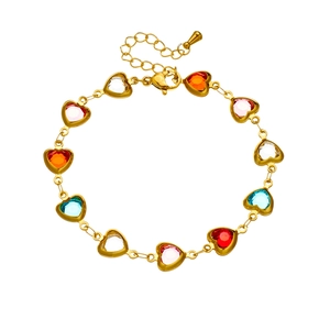 Bracelet à maillons en forme de cœur avec pierres colorées et chaîne dorée ajustable