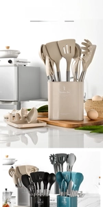 Detailed set of heat-resistant silicone kitchen utensils with stainless steel handles