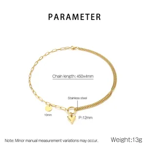 Detail view of gold stainless steel double-layer necklace with heart pendant and coin