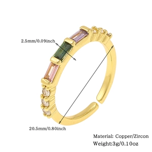 Detailed view of gold plated copper ring with measurements and colorful zircon stones