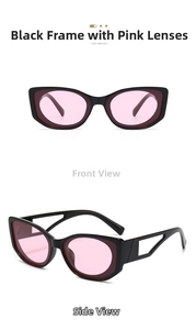 Detail view of oval sunglasses with black hollow-out frames and light pink lenses