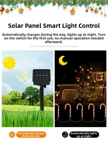 Dual view of solar candy cane lights showing day charging and night lighting effects
