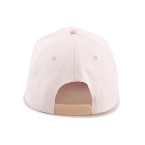 Adjustable snapback closure on back of pink and cream cotton two-tone baseball cap
