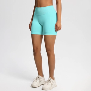 Detail of high-waist seamless fitness shorts with vertical ribbed tummy control waistband