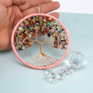 Natural crystal tree of life hanging ornament with pink wire and colorful stone beads