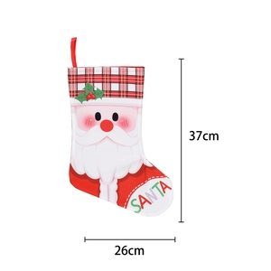 Christmas stocking with Santa print in red and white plaid trim 37cm height decor