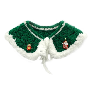 Handmade crochet pet Christmas cape in green and white with festive pendants
