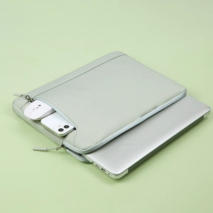 Light green waterproof laptop sleeve with external pocket for mouse and smartphone storage