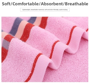 Macro shot of thick absorbent pink cotton towel with colorful stripes and soft loops