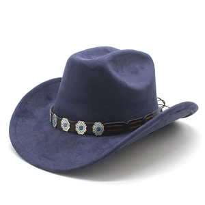 Detail of navy suede fedora with turquoise beads and silver metal hardware trim