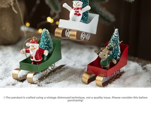 Detail of vintage Christmas sleigh ornaments featuring Santa, snowman, and reindeer