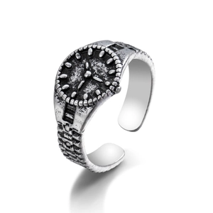 Vintage silver watch-shaped open ring with detailed dial and antique industrial texture