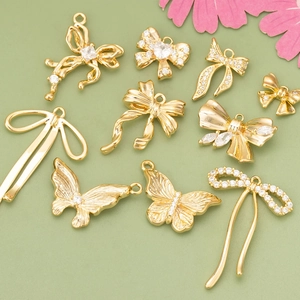 18K Gold Plated Copper Bow Butterfly Pendant Charms With Cubic Zirconia For DIY Earring Necklace Jewelry Making