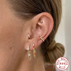 Gold s925 sterling silver ear cuff set with tassel chain and square zircon pendants