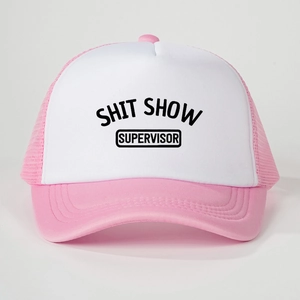 Pink and white mesh trucker hat with SHIT SHOW SUPERVISOR print for sun protection