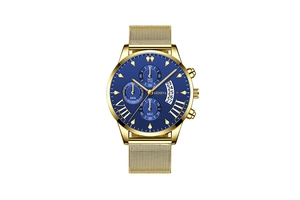 Macro view of blue sunray dial with Roman numerals and three-eye chronograph details
