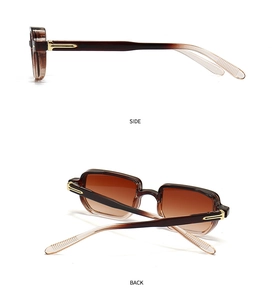Side and back view of brown gradient rectangle sunglasses with gold metal hinge detail