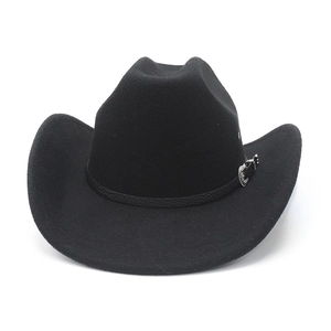 Detail view of a black western cowboy hat with wide brim and engraved metal buckle decoration