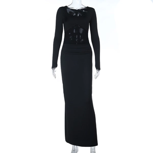 Elegant black long sleeve midi dress with mesh patchwork and ruffle details