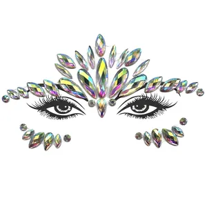 Macro detail of holographic face rhinestone stickers for art party makeup decoration