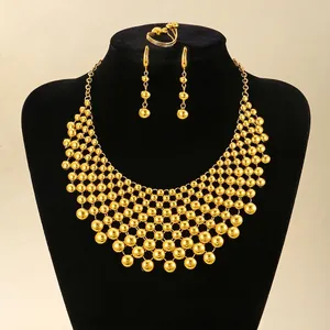 Exaggerated Exotic Copper Bead Necklace Earring Ring Jewelry Set For Women Gold Plated Multi Layer Statement Jewelry Set