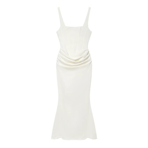 Detail view of the elegant ruching and gathered fabric on the white mermaid evening dress