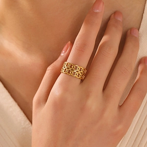 Minimalist double layer chain link ring in gold finish on model hand
