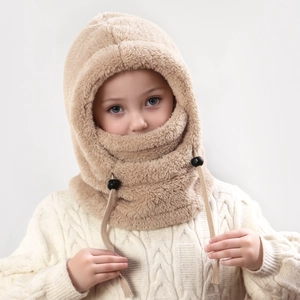 Detailed view of apricot fleece hooded scarf with adjustable drawstrings and soft texture