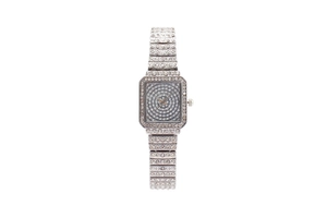 Macro detail of square quartz watch with glittering rhinestones on the bezel and band