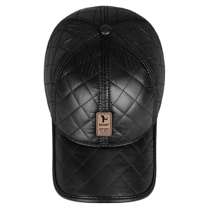 Winter black quilted PU leather baseball cap with sport patch and ear protection
