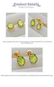 Macro view of S925 silver pear cut light green stud earrings showing three angles