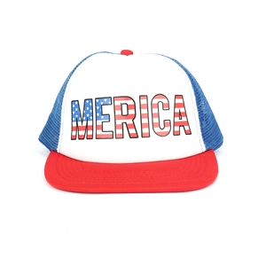 Detail showing the 'MERICA' flag pattern print on the white trucker hat front panel