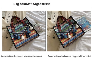 Ethnic woven bucket bag size comparison with smartphone and tablet showing large capacity