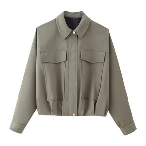Women Cropped Bomber Jacket Zip Up Utility Outerwear With Pockets Solid Color Long Sleeve Casual Chic Polyester