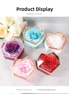 Top view of five-color heart-shaped preserved flower boxes with transparent lids