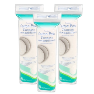 Three packs of premium round cotton pads for makeup removal, 100 pieces per bag
